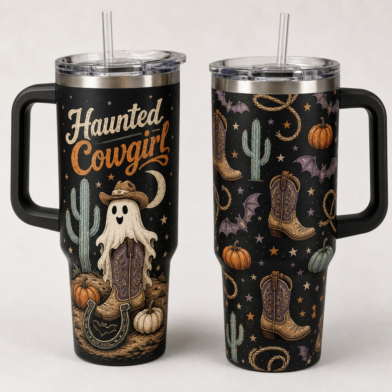 Haunted Cowgirl 40oz Tumbler with Handle - Western Cowgirl Haunted Cowgirl Spooky Rodeo Cup