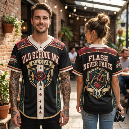 Old School Ink All Star Tattoo Baseball Jersey – Flash Never Fades Gift - mockup 1