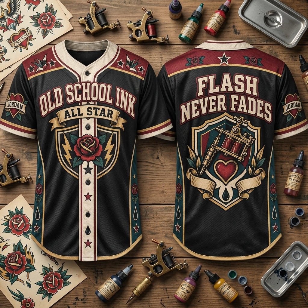 Old School Ink All Star Tattoo Baseball Jersey – Flash Never Fades Gift - mockup 2