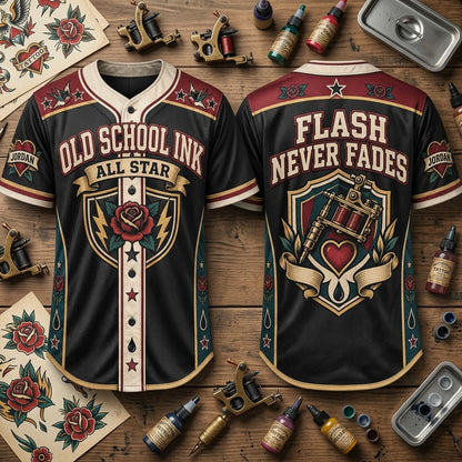 Old School Ink All Star Tattoo Baseball Jersey – Flash Never Fades Gift - mockup 2