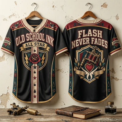 Old School Ink All Star Tattoo Baseball Jersey – Flash Never Fades Gift - mockup 3