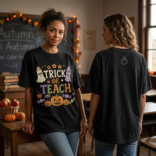Trick or Teach Halloween Teacher T-shirt Sweatshirt Hoodie – Cute Ghost School Design - mockup 1