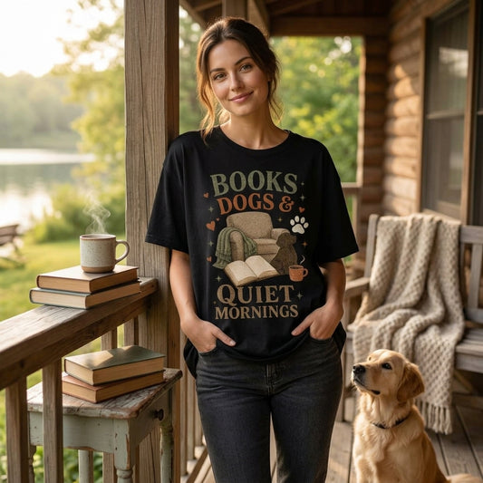 Books Dogs & Quiet Mornings T-shirt Sweatshirt Hoodie – Vintage Dog Mom Reader Gift - mockup 1
