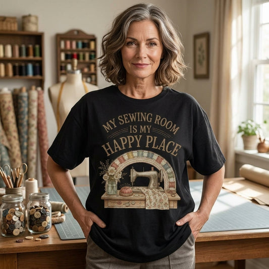 My Sewing Room Is My Happy Place Vintage Sewing Machine T-shirt Sweatshirt Hoodie - mockup 1
