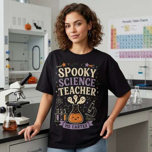 Personalized Spooky Science Teacher Halloween T-shirt Sweatshirt Hoodie for Educators - mockup 1