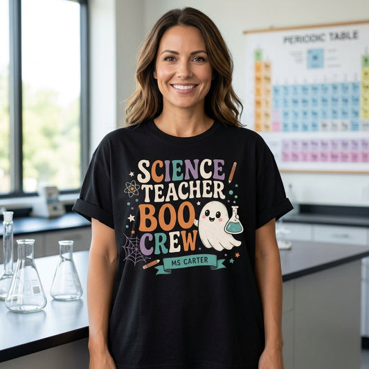 Personalized Science Teacher Boo Crew T-shirt Sweatshirt Hoodie – Custom Halloween Gift - mockup 1