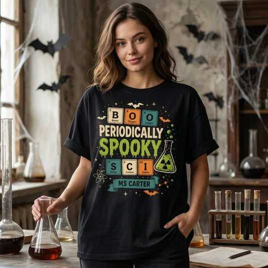 Personalized Periodically Spooky Science T-shirt Sweatshirt Hoodie for Science Teachers - mockup 1