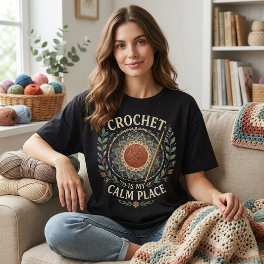 Crochet Is My Calm Place T-shirt Sweatshirt Hoodie – Vintage Mandala Yarn Craft Gift - mockup 1