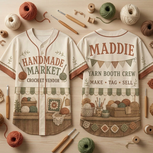Personalized Crochet Market Vendor Baseball Jersey – Custom Yarn Booth Crew Uniform - mockup 1