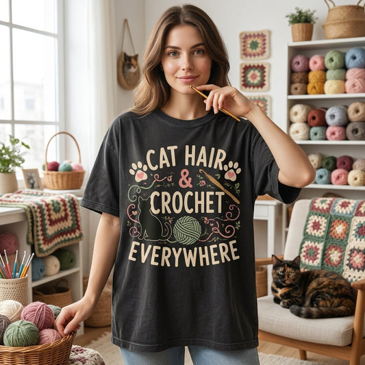 Cat Hair & Crochet Everywhere T-shirt Sweatshirt Hoodie – Gift for Crochet Cat Mom - mockup 1
