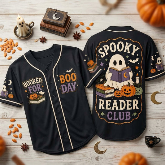 Spooky Reader Club Halloween Teacher Baseball Jersey – Ghost and Book Lover Shirt - mockup 1