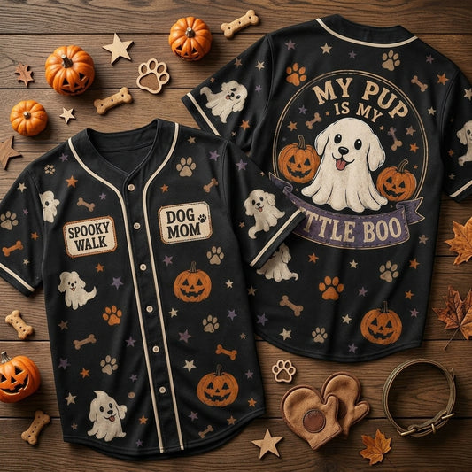 Halloween Dog Mom My Pup Is My Little Boo Baseball Jersey - Spooky Walk Apparel - mockup 1