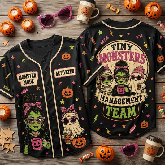 Momster Mode Activated Halloween Mom Baseball Jersey - Tiny Monsters Management Team - mockup 1