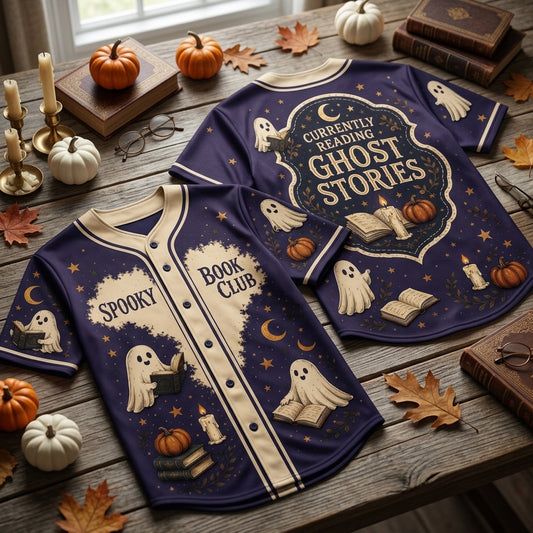 Spooky Book Club Ghost Stories Baseball Jersey - Halloween Reader Apparel - mockup 1