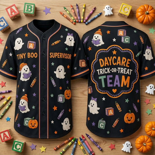 Tiny Boo Supervisor Daycare Teacher Halloween Baseball Jersey - Trick-or-Treat Team - mockup 1