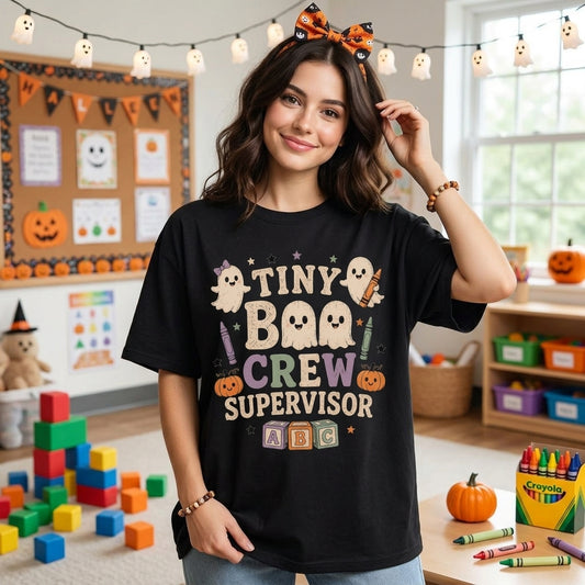 Tiny Boo Crew Supervisor T-shirt Sweatshirt Hoodie – Cute Daycare Teacher Halloween Apparel - mockup 1