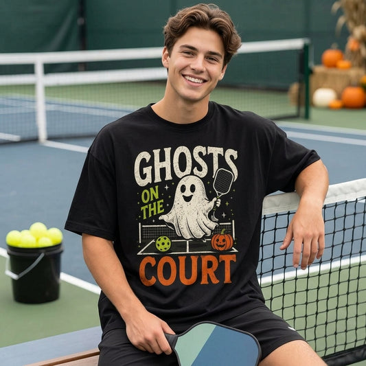 Halloween Pickleball Ghosts on the Court T-Shirt Sweatshirt Hoodie – Spooky Sports Gift - mockup 1