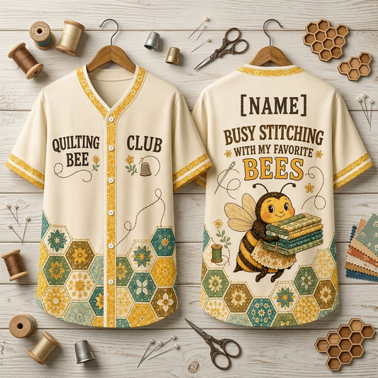 Custom Quilting Bee Club Baseball Jersey - Personalized Name Busy Stitching Shirt - mockup 1