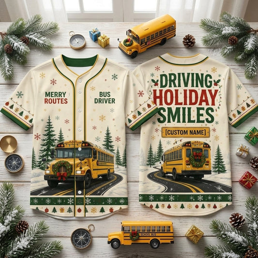 Personalized School Bus Driver Christmas Baseball Jersey - Driving Holiday Smiles Gift - mockup 1