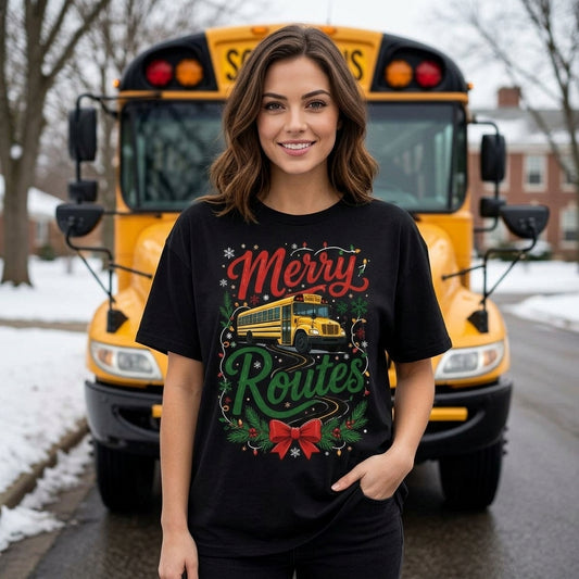 Merry Routes School Bus Driver Christmas T-shirt Sweatshirt Hoodie – Holiday Gift - mockup 1