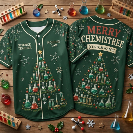 Custom Science Teacher Christmas Chemistree Baseball Jersey – Personalized Holiday Lab Gift - mockup 1