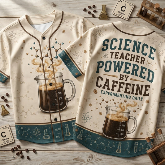 Science Teacher Powered by Caffeine Beaker Baseball Jersey – Fun Educator Gift - mockup 1