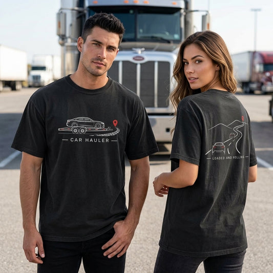 Car Hauler Loaded and Rolling Graphic T-shirt Sweatshirt Hoodie – Trucker Gift - mockup 1