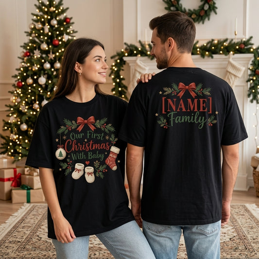 Personalized Baby First Christmas Family T-shirt Sweatshirt Hoodie – Custom Holiday Apparel - mockup 1