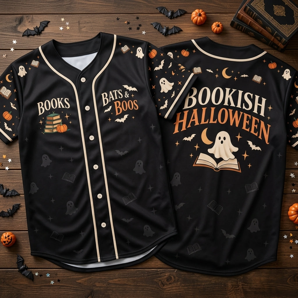 Bookish Halloween Bats & Boos Baseball Jersey - Spooky Reader Button-Up - mockup 1