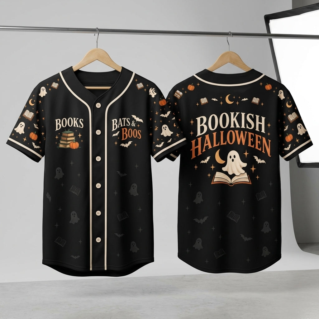 Bookish Halloween Bats & Boos Baseball Jersey - Spooky Reader Button-Up - mockup 3