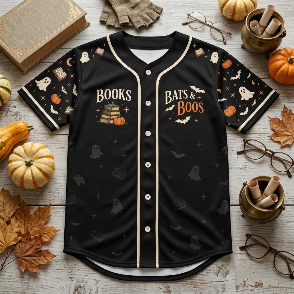 Bookish Halloween Bats & Boos Baseball Jersey - Spooky Reader Button-Up - mockup 4