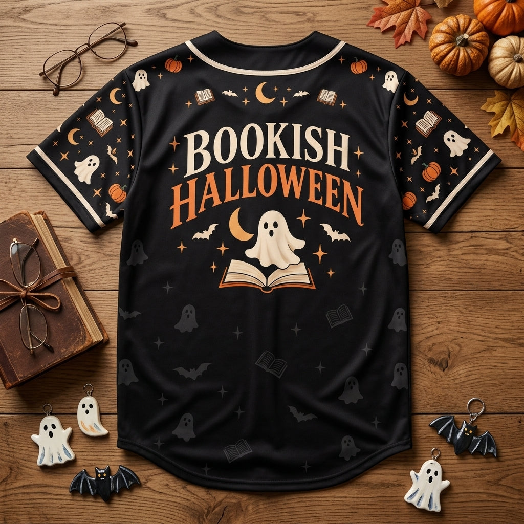Bookish Halloween Bats & Boos Baseball Jersey - Spooky Reader Button-Up - mockup 5