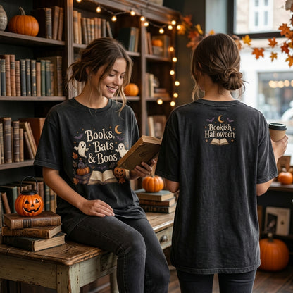 Books Bats & Boos Bookish Halloween T-shirt Sweatshirt Hoodie - Spooky Reader Gift - mockup 1
