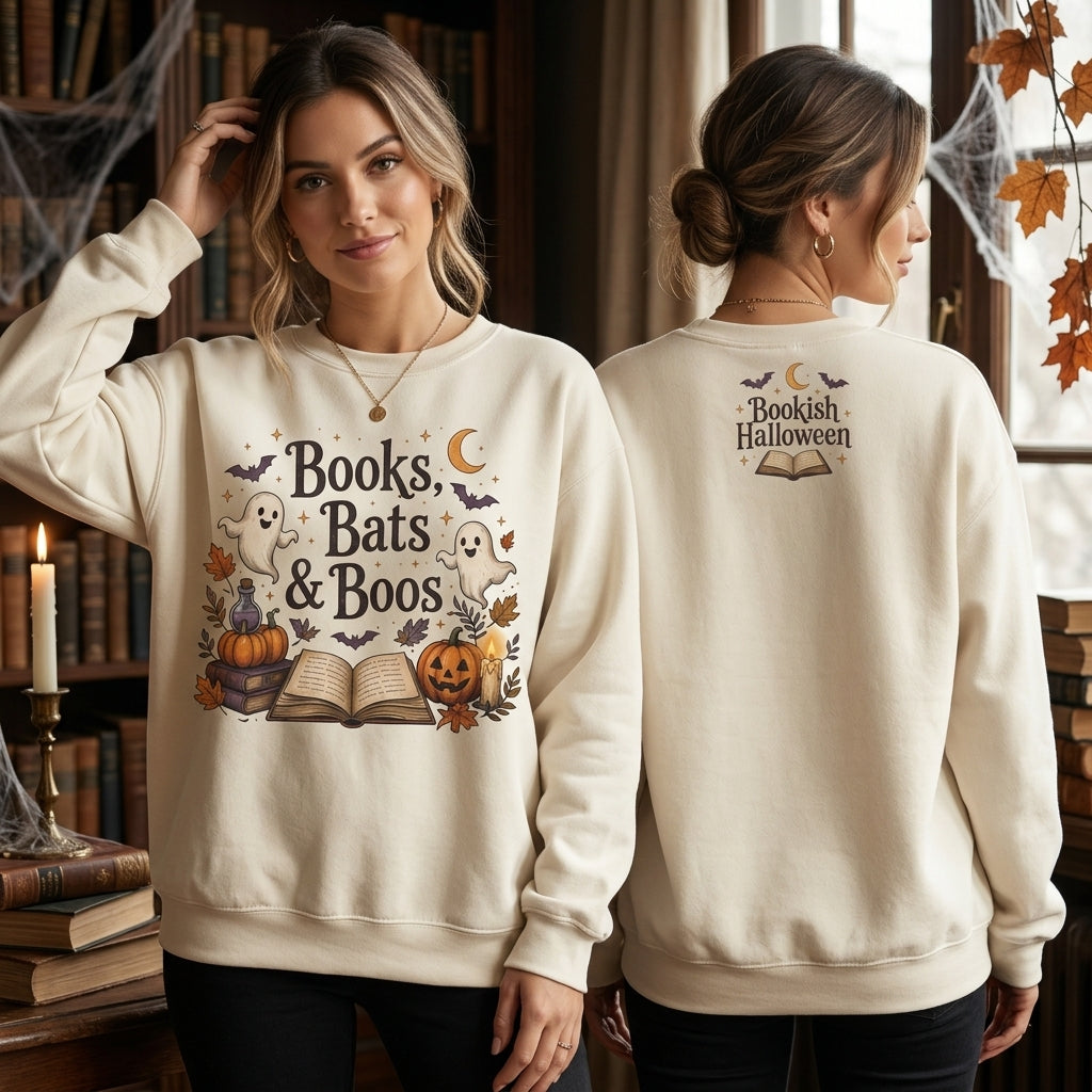 Books Bats & Boos Bookish Halloween T-shirt Sweatshirt Hoodie - Spooky Reader Gift - mockup 3