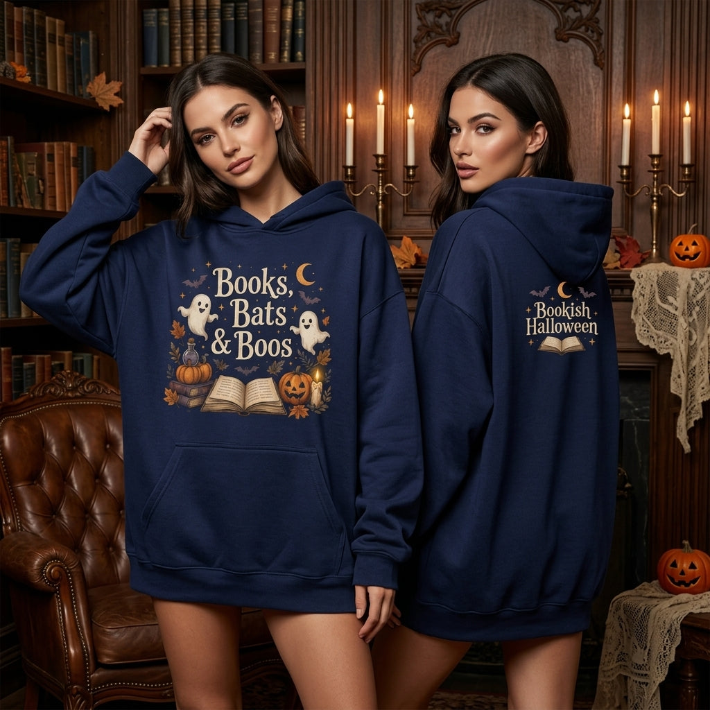 Books Bats & Boos Bookish Halloween T-shirt Sweatshirt Hoodie - Spooky Reader Gift - mockup 4