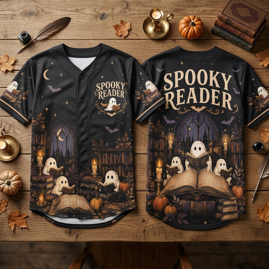 Spooky Reader Ghost Library All-Over Print Baseball Jersey – Halloween Bookworm Gift - mockup 1
