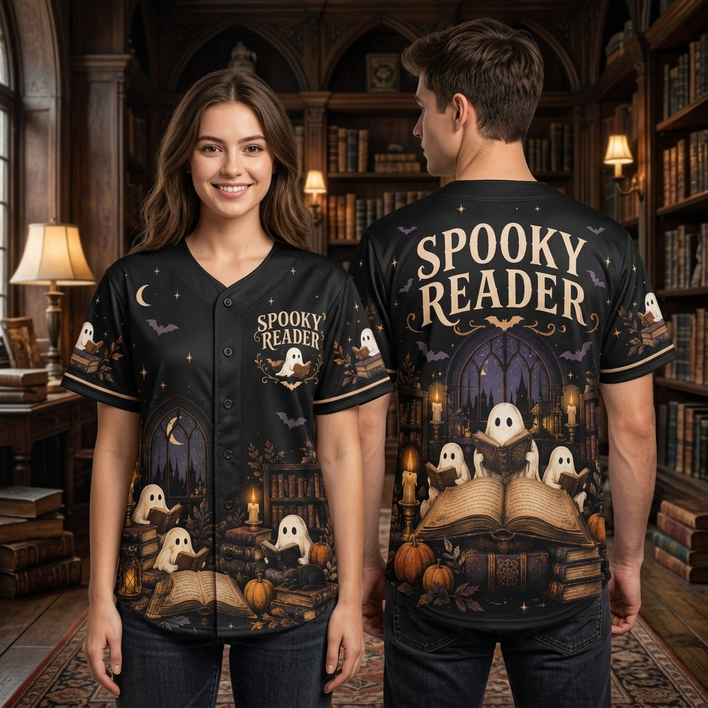 Spooky Reader Ghost Library All-Over Print Baseball Jersey – Halloween Bookworm Gift - mockup 2