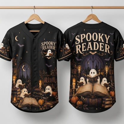 Spooky Reader Ghost Library All-Over Print Baseball Jersey – Halloween Bookworm Gift - mockup 3