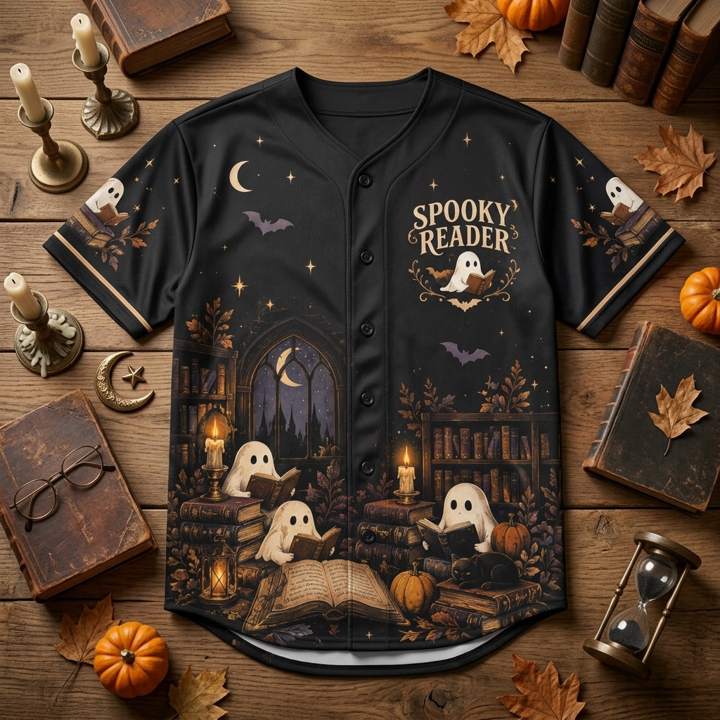 Spooky Reader Ghost Library All-Over Print Baseball Jersey – Halloween Bookworm Gift - mockup 4