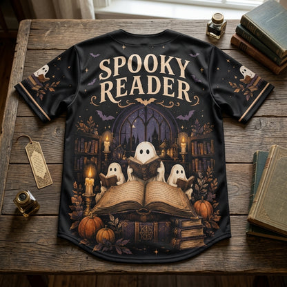 Spooky Reader Ghost Library All-Over Print Baseball Jersey – Halloween Bookworm Gift - mockup 5