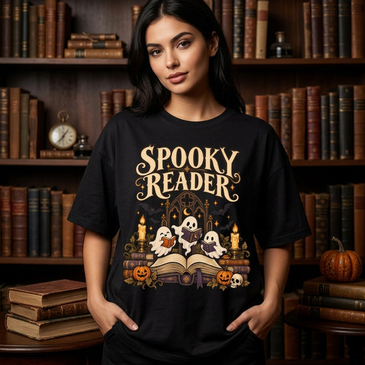 Spooky Reader Cute Ghost Bookworm T-shirt Sweatshirt Hoodie – Halloween Gift for Book Lovers - mockup 1