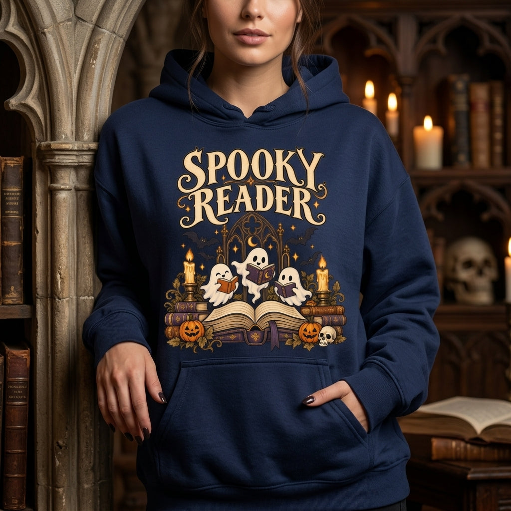 Spooky Reader Cute Ghost Bookworm T-shirt Sweatshirt Hoodie – Halloween Gift for Book Lovers - mockup 4