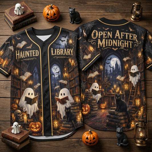 Haunted Library Gothic Ghost Baseball Jersey – Open After Midnight Halloween Apparel - mockup 1