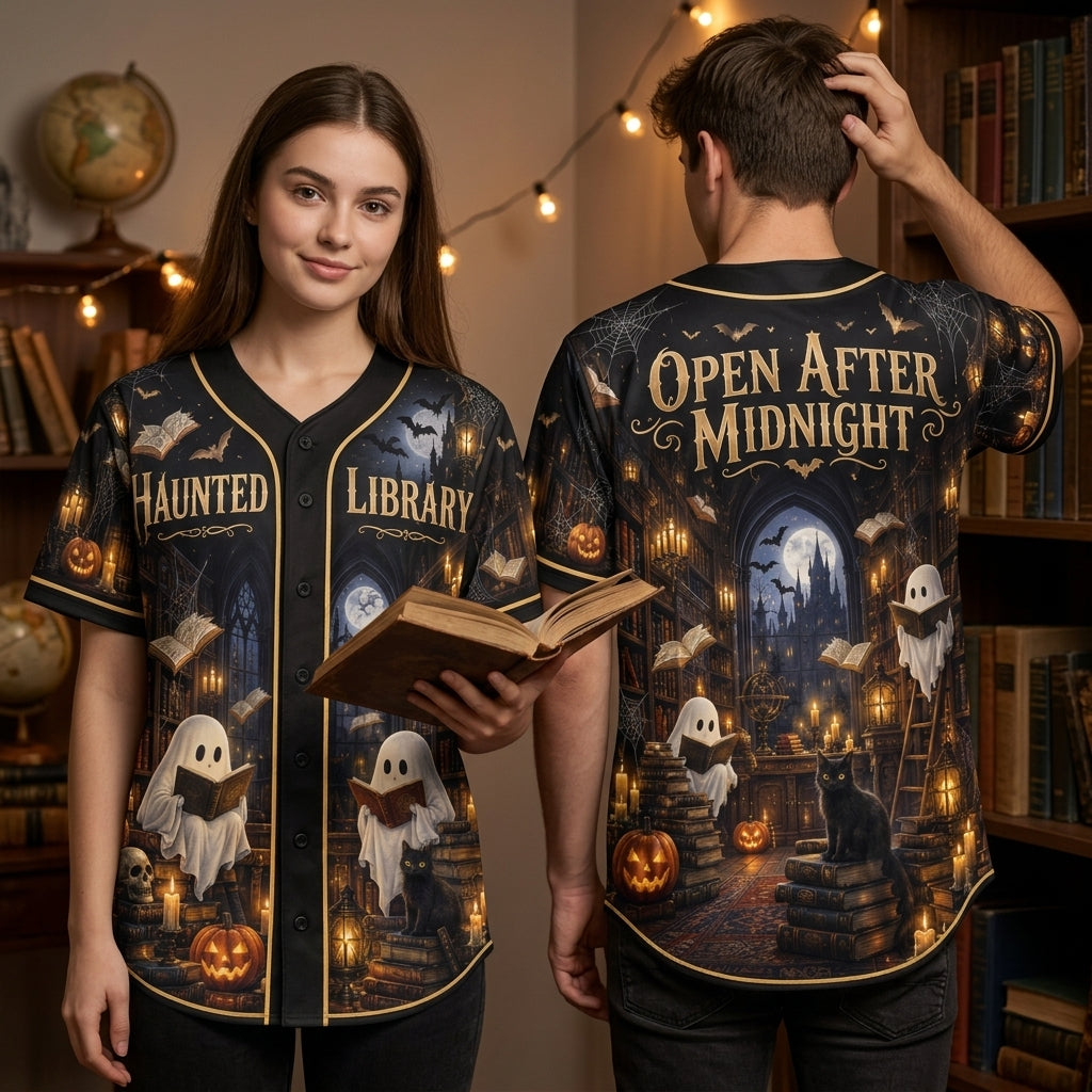 Haunted Library Gothic Ghost Baseball Jersey – Open After Midnight Halloween Apparel - mockup 2