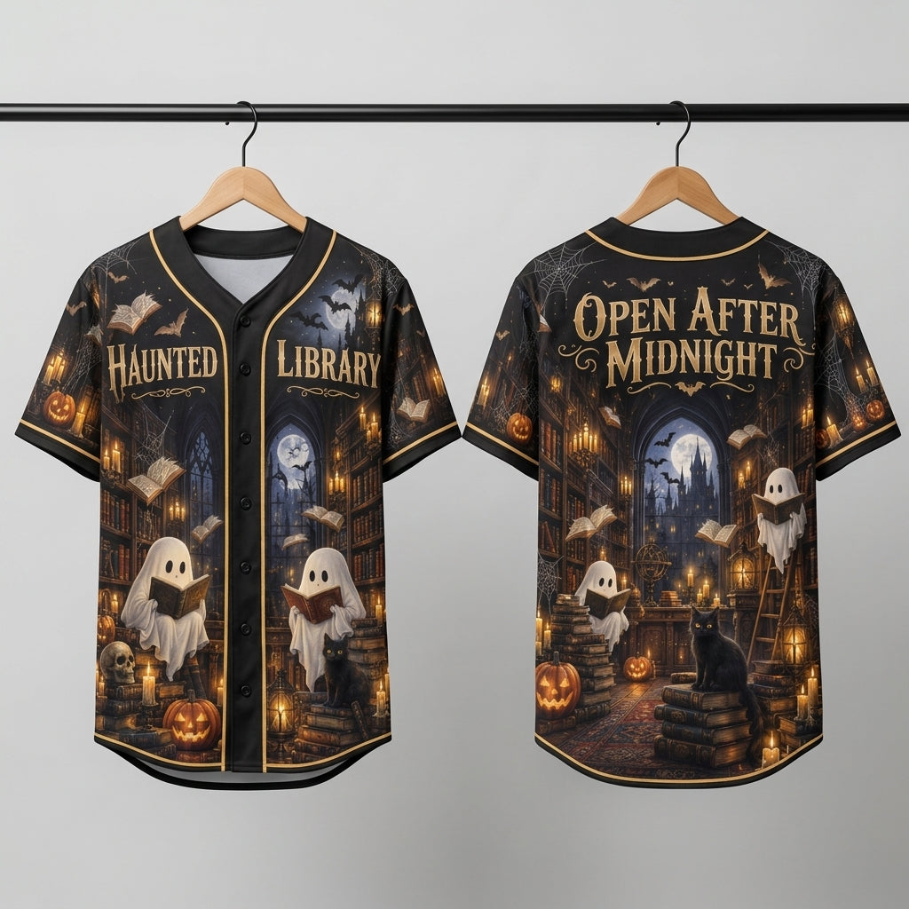 Haunted Library Gothic Ghost Baseball Jersey – Open After Midnight Halloween Apparel - mockup 3