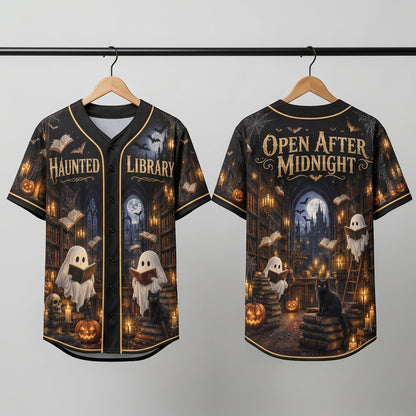 Haunted Library Gothic Ghost Baseball Jersey – Open After Midnight Halloween Apparel - mockup 3