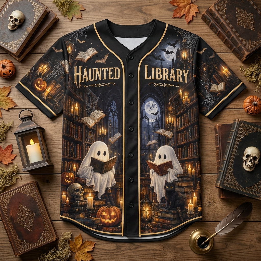 Haunted Library Gothic Ghost Baseball Jersey – Open After Midnight Halloween Apparel - mockup 4