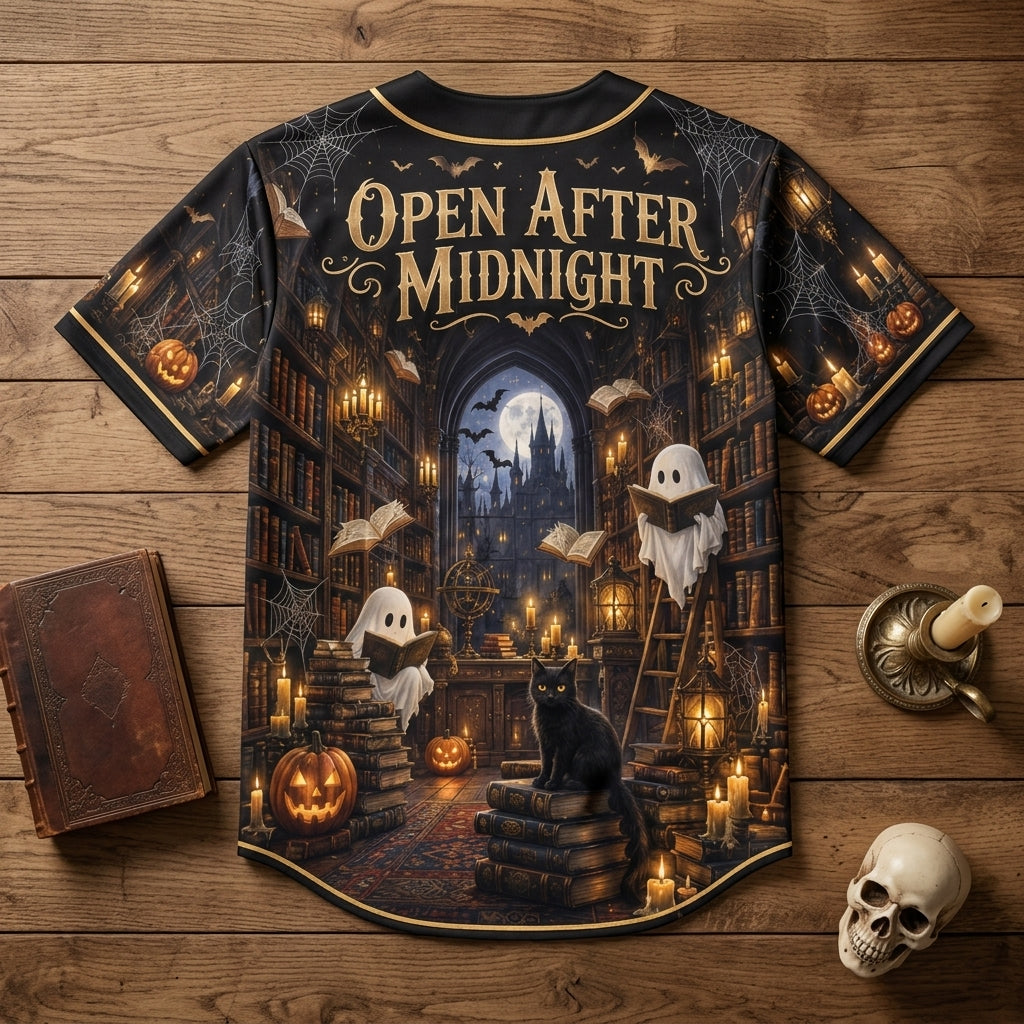 Haunted Library Gothic Ghost Baseball Jersey – Open After Midnight Halloween Apparel - mockup 5