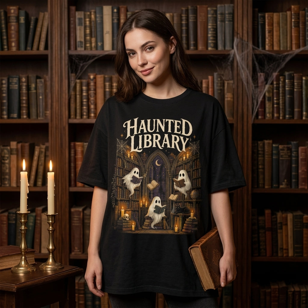 Haunted Library Ghost Reading Books T-shirt Sweatshirt Hoodie – Spooky Book Lover Gift - mockup 1