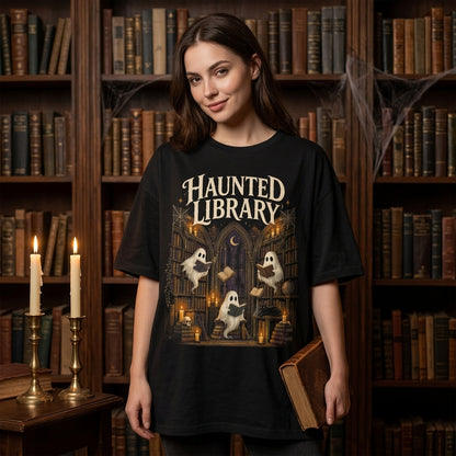 Haunted Library Ghost Reading Books T-shirt Sweatshirt Hoodie – Spooky Book Lover Gift - mockup 1